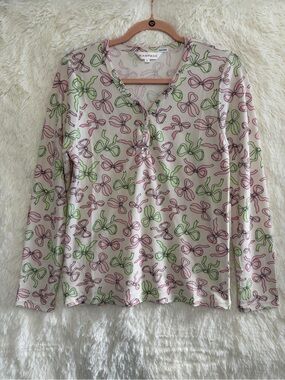 Rampage Womens Bow Print Henley Long Sleeve Waffle Top L White w/ Pink Green Bow